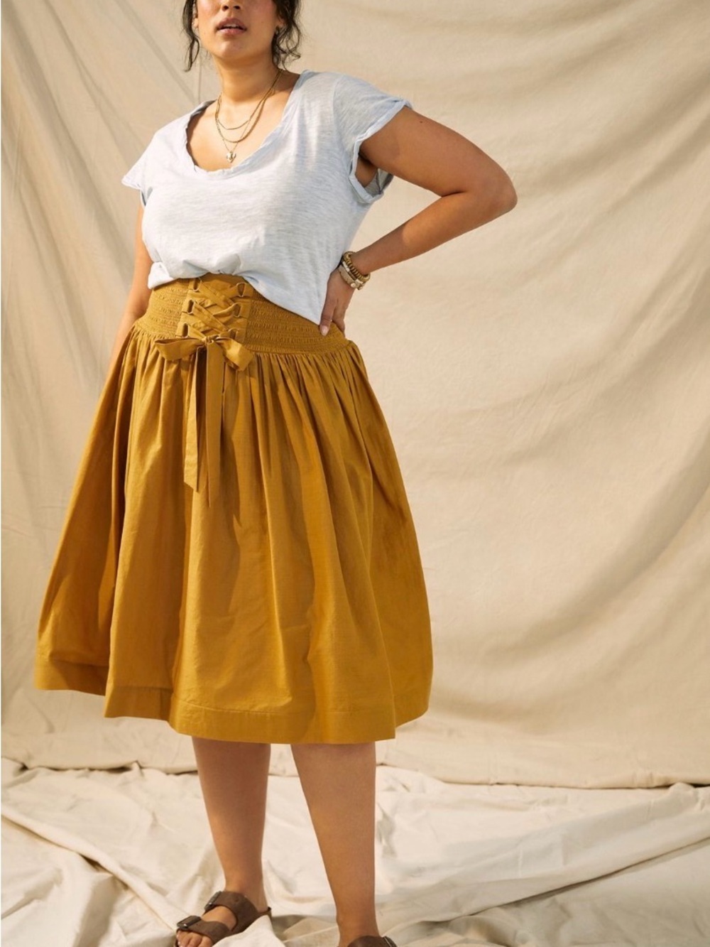 Anthropologie Let Me Be Lynsey Smocked Lace-Up Midi Skirt Sz 18W summer relax